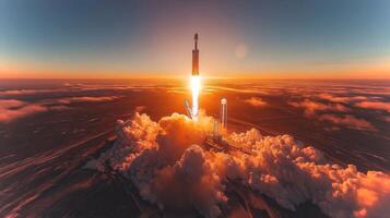 A powerful rocket ascends into the sky at sunrise, leaving behind a dynamic plume of smoke and fire. The scene highlights advanced propulsion and recovery techniques used in modern aerospace. photo
