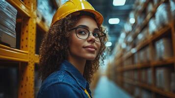 A woman wearing a hard hat and glasses stands in a spacious warehouse aisle filled with shelves stacked with boxes. She observes the inventory flow while ensuring safety protocols. photo