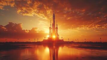 A rocket launch platform is silhouetted against a stunning sunset, with colorful clouds reflected in the water below, capturing the excitement of upcoming space exploration. photo