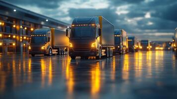 Trucks are parked with lights glowing, ready for the night shift at a busy distribution hub, reflecting on the wet pavement after recent rain, showcasing efficient logistics operations. photo