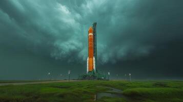 The rocket is positioned on the launch pad, surrounded by dark, thunderous clouds, ready for an imminent spaceflight. photo