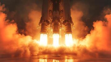 Engines ignited and flames billowing, the rocket launches into the sky. The heat shield withstands extreme conditions, marking a significant moment in spaceflight and advanced propulsion techniques. photo