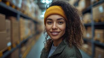 A logistics worker stands confidently amidst rows of stacked boxes in a busy warehouse. The warm atmosphere highlights the efficiency of the distribution center. photo