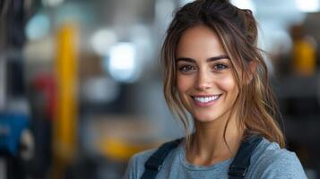 A woman stands confidently in a busy warehouse, smiling and wearing work attire. The backdrop features efficient storage systems and organized inventory, highlighting her role in logistics. photo