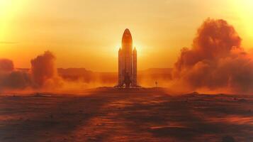 At sunset, a rocket stands ready on the launch pad, surrounded by clouds of dust, indicating imminent liftoff into the vastness of space. photo