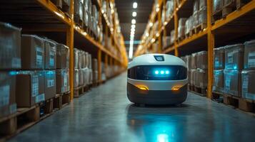 A robotic vehicle navigates through a warehouse aisle, efficiently transporting cargo while surrounded by neatly organized storage pallets filled with boxes. photo