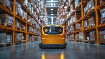 An autonomous robot moves efficiently along the aisles of a spacious warehouse, managing inventory and optimizing distribution processes within a busy logistics hub. photo