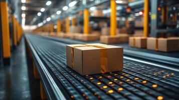 Workers sort packages efficiently on a conveyor belt within a large warehouse logistics hub, focusing on inventory management and fulfillment to ensure timely distribution. photo