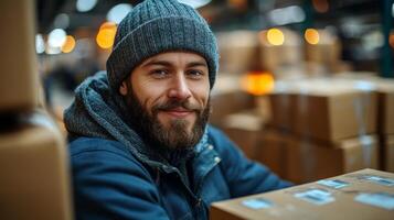 A logistics worker with a beard and a winter hat sits among stacked boxes in an active distribution warehouse, showcasing a positive attitude during a bustling sorting process. photo