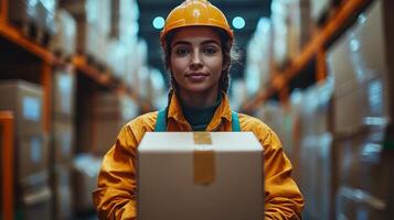 A warehouse worker in orange safety gear holds a package in a large logistics distribution hub. Shelves filled with boxes are neatly organized in the background. photo