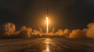Rocket lifts off with immense thrust, illuminating the dark sky while emitting bright flames and clouds of gas, marking a significant ascent in spaceflight technology. photo