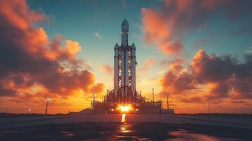 A rocket stands on the launch pad, engines igniting against a backdrop of a vibrant sunset sky filled with clouds. The atmosphere is tense and filled with excitement for the upcoming mission. photo