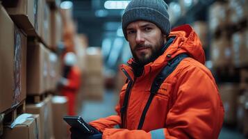 A worker in a bright orange jacket stands in a bustling warehouse, checking inventory on a smartphone amidst towering stacks of boxes while colleagues sort and fulfill orders. photo
