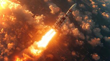 A powerful rocket ascends rapidly into the atmosphere, engulfed in flames while leaving a cloud of smoke. This significant lift off occurs over a dynamic landscape at sunset. photo