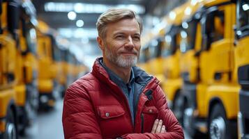 A logistics hub manager stands confidently in a warehouse surrounded by rows of yellow trucks, keeping watch over the sorting, storage, and fulfillment activities carried out by the team. photo