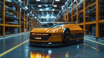 A robotic vehicle navigates a spacious logistics warehouse, optimizing the transportation of cargo and managing inventory with precision in a well organized environment. photo