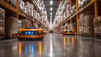 Robots move efficiently along polished floors in a large warehouse, organizing and sorting items from tall shelves stacked with various boxes during warehouse operations. photo