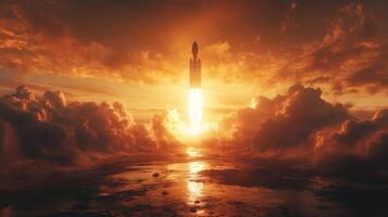 A rocket ascends against a dramatic sunset backdrop, illuminating clouds with brilliant colors as it embarks on a space mission to demonstrate propulsion and recovery techniques. photo