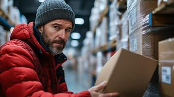 A man in a red jacket and gray beanie sorts through boxes in a busy warehouse. The environment is filled with stacked packages, highlighting logistics operations and distribution efforts. photo