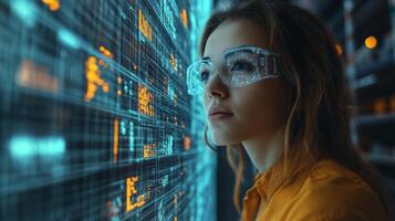 A worker in a logistics warehouse intently examines digital data on a large screen, enhancing her understanding of inventory management and distribution processes. photo