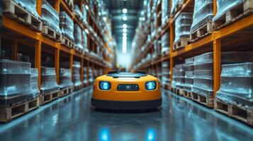 A robotic vehicle moves through a spacious warehouse aisle lined with neatly stacked pallets and boxes, showcasing an efficient logistics and distribution process. photo