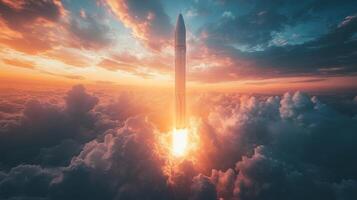 A rocket launches into the sky at dawn, lighting up surrounding clouds with flames while heading towards space. The scene captures the powerful moment of propulsion and lift off. photo