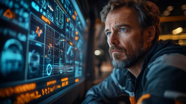 A worker focuses intently on a digital screen displaying logistics data, facilitating efficient inventory management and shipping operations in a high tech warehouse. photo