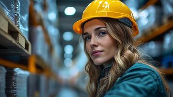 A woman wearing a safety helmet stands in a large warehouse lined with shelves filled with goods. She appears focused on managing inventory and ensuring efficient sorting and fulfillment. photo