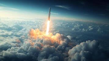 A rocket lifts off from a launch pad, leaving a trail of fire and smoke as it ascends into the sky. The vehicle navigates through clouds towards its designated orbit. photo