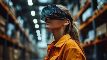 A woman in an orange work uniform is immersed in a virtual reality experience within a large warehouse, surrounded by shelves filled with boxes. The setting highlights innovative logistics solutions. photo