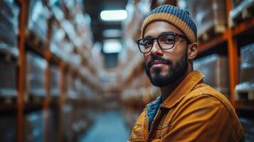 A worker stands confidently in a distribution warehouse, surrounded by tall shelves filled with packed boxes while overseeing inventory management in the early evening. photo