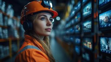 A logistics professional wearing safety gear observes multiple monitors displaying inventory and distribution data in a well organized warehouse setting. photo