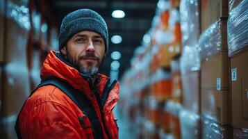 A warehouse worker stands confidently among stacked boxes in a busy logistics hub, preparing for sorting and organizing inventory in the early evening. photo