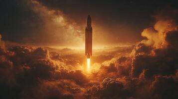 A rocket ascends into the atmosphere during sunrise, leaving a trail of flame and smoke, symbolizing advancements in aerospace and space exploration. photo