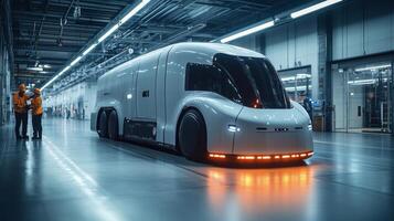 Cutting edge autonomous vehicle navigates through a spacious logistics warehouse, while workers monitor operations and coordinate shipping activities. photo