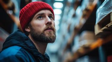 A warehouse worker wearing a red beanie is closely examining inventory on shelves in a distribution center. The ambient lighting creates a productive atmosphere for managing stock. photo