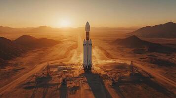 A rocket stands tall on a launch pad as the sun rises over a desert landscape. photo