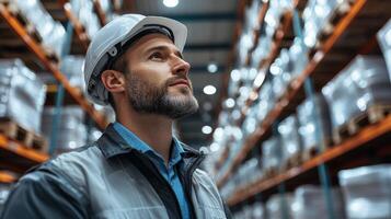 A worker assesses inventory storage in a busy warehouse, surrounded by neatly organized pallets of goods. He is focused on maximizing logistics and sorting systems for fulfillment. photo