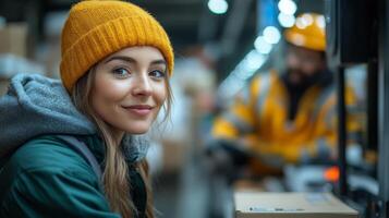 A worker in a green jacket and yellow hat engages in sorting packages at a logistics center. Another person wearing an orange safety vest can be seen in the background facilitating operations. photo
