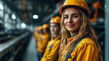 A group of workers in safety helmets stands in a contemporary warehouse lined with storage shelves, focusing on logistics tasks and inventory handling during the day. photo