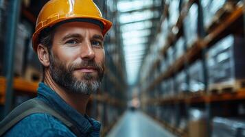 A knowledgeable worker in a safety helmet stands confidently among stacked pallets in a spacious distribution warehouse, ensuring smooth operations and efficient inventory management. photo