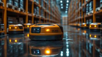 Automated robots navigate a spacious warehouse filled with organized shelves of merchandise, showcasing the efficiency of modern inventory management and logistics solutions. photo