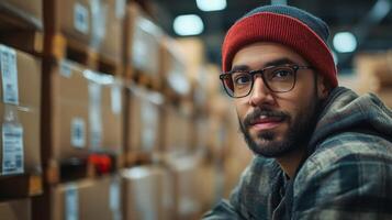 A logistics worker is focused on his tasks within a warehouse, surrounded by organized boxes ready for distribution and fulfillment. photo