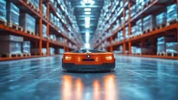 A high tech robotic system navigates through a well organized logistics warehouse, optimizing inventory movement and improving fulfillment processes while ensuring efficiency. photo