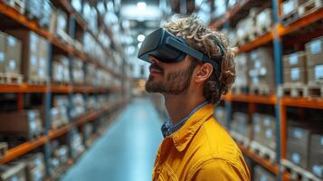 A worker uses virtual reality technology to improve his understanding of warehouse logistics and inventory management while navigating through storage areas filled with cargo. photo