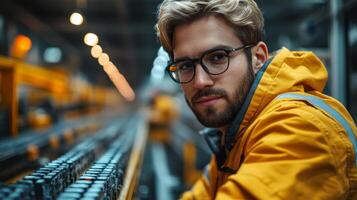 A logistics worker in a bright yellow jacket oversees the sorting process, ensuring smooth operations in a busy warehouse filled with inventory and storage equipment. photo