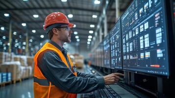 A logistics professional in a safety vest and hard hat reviews and manages inventory systems on multiple screens in a busy warehouse, ensuring efficient operations and stock control. photo