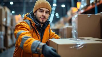 A worker in a safety jacket and beanie is sorting and preparing boxes for shipment in a busy warehouse filled with shelves and inventory. Efficient logistics practices are evident. photo