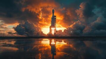 The rocket is launching into the sky with fiery exhaust, illuminated by a vibrant sunset and surrounded by clouds, showcasing advanced recovery and refurbishment techniques. photo