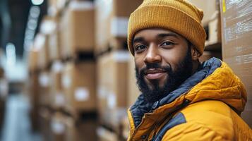 A warehouse employee wearing a yellow beanie and jacket smiles while standing beside stacked boxes, engaged in sorting and managing inventory for effective fulfillment. photo